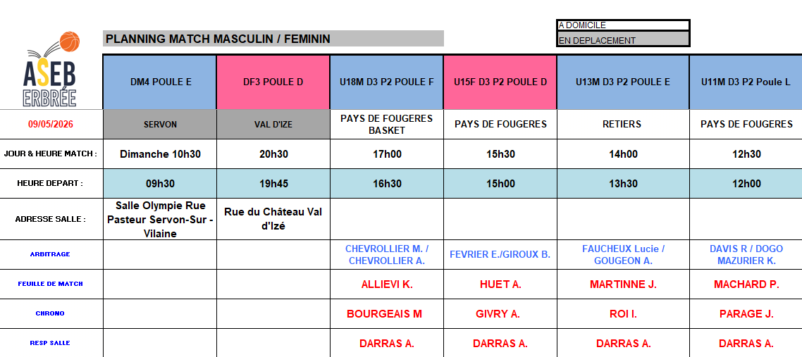 Planning du 13 et 16 Mai 2026