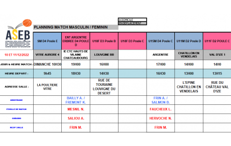 Planning du 10 et 11 Décembre 2022