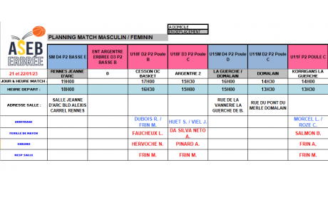Planning du 21 et 22 Janvier 2023