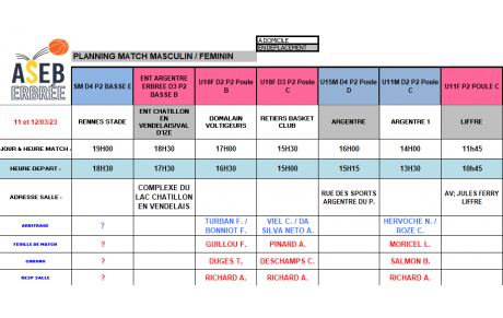 Planning du 11 et 12 Mars 2023