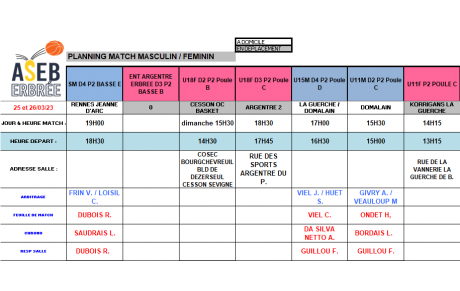 Planning du 25 et 26 Mars 2023