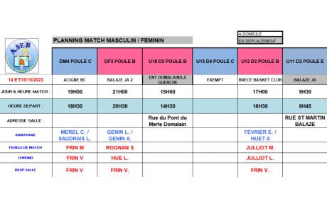 Planning du 14 et 15 Octobre 2023