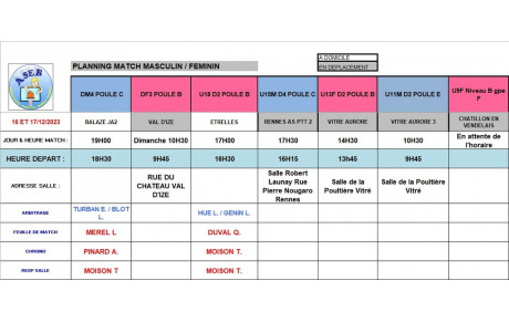 Planning du 16 et 17 Décembre 2023