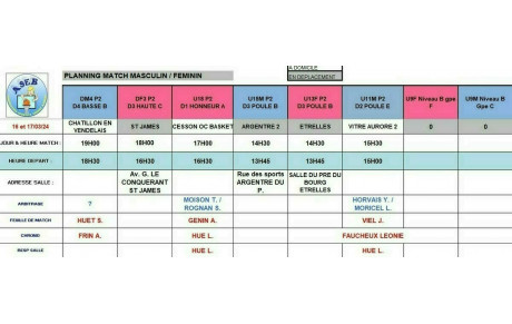 Planning du 16 et 17 Mars 2024