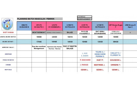 Planning du 30 et 31 Mars 2024
